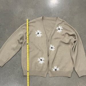 Floral Embroidered Beige Cardigan Sweater